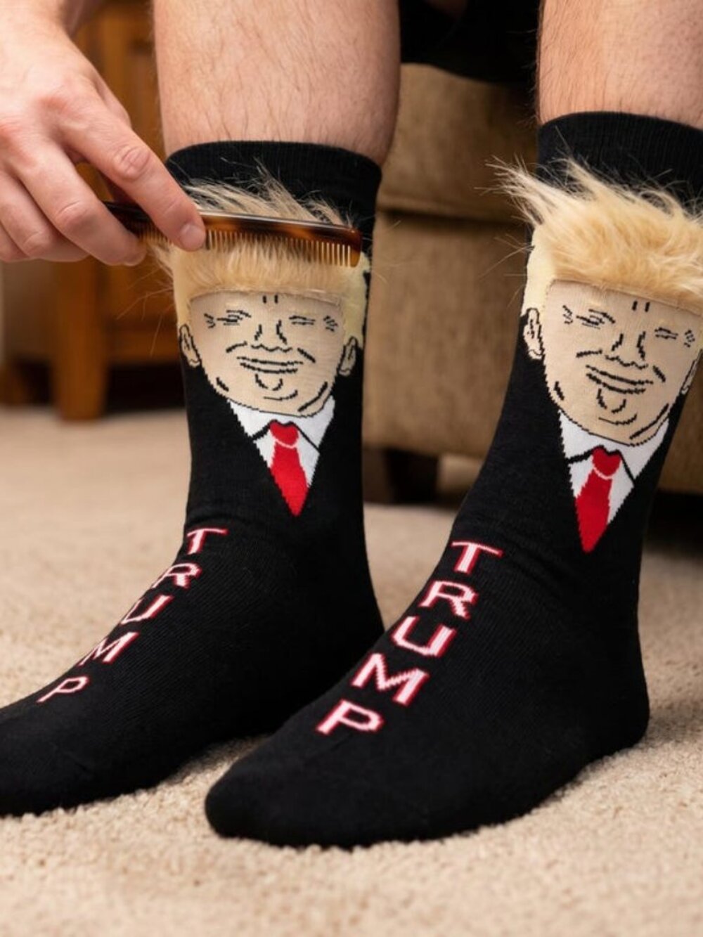 Trump Fuzzy Hair Novelty Socks - Patriotic Crew (2-Pair)